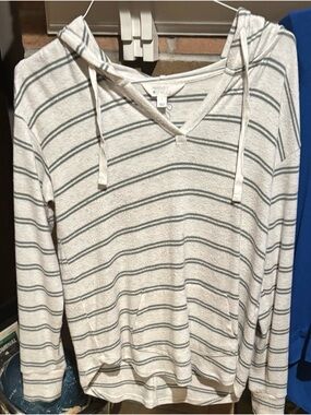 Market & Spruce Cream Hoodie V-Neck Sweater with Green Stripes